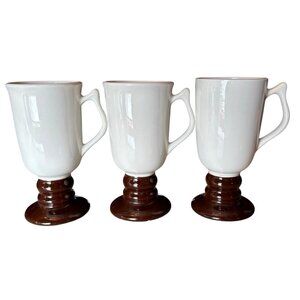 3 HALL Pottery Mugs, Vintage Ivory & Brown Irish Coffee Footed Pedestal USA 1273
